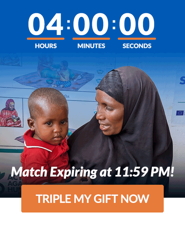 A GIF with a countdown clock deployed by Action Against Hunger in their 2023 Giving Tuesday email campaign reads, "Match Expiring at 11:59 PM! Triple my gift now"