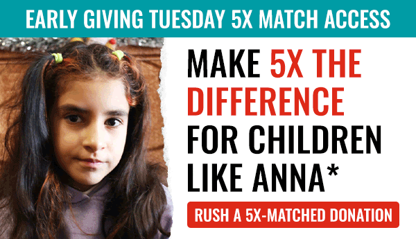 A GIF deployed by Save The Children in their 2023 Giving Tuesday email campaign reads, "Early Giving Tuesday 5x match access. Make 5x the difference for children."