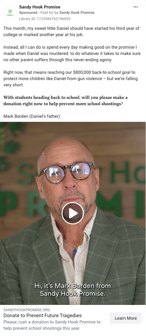 A screenshot of Facebook ad with the title "This month, my sweet little Daniel would have started his third year of college or marked another year at his job."