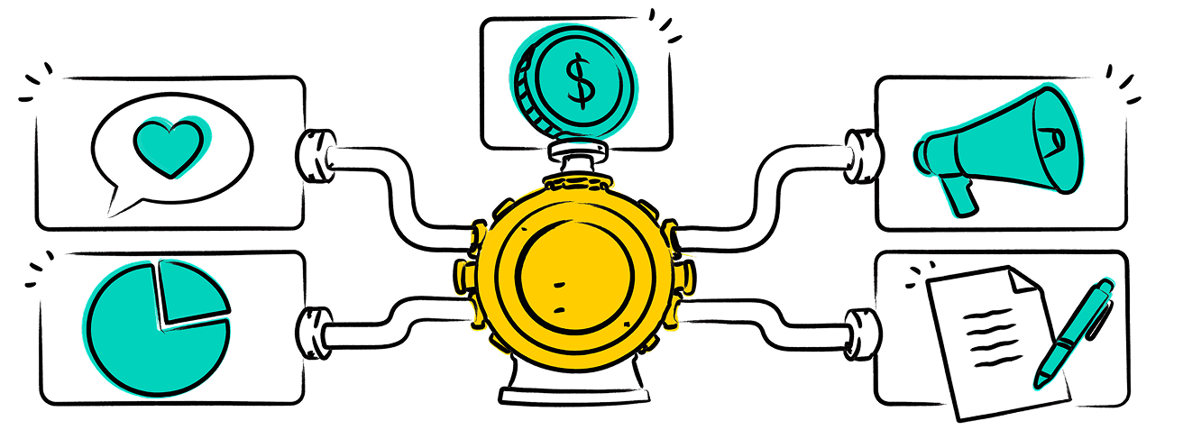 Illustration of a connected fundraising growth engine linking donor relationships, revenue, advocacy, analytics, and direct mail.